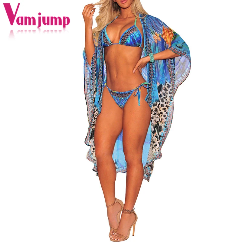VamJump 3 шт перо леопардовый шифон Купальники Женщины Плюс Размер строже Бикини Push Up
