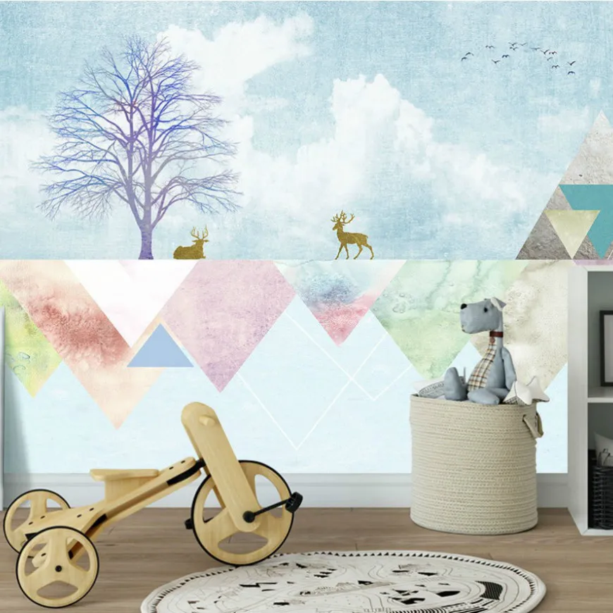 

Free Shipping Blue Sky White Clouds wallpaper Birds Elk With Tree Photo Wallpaper Geometric Patterns Combination 3d Wallpaper