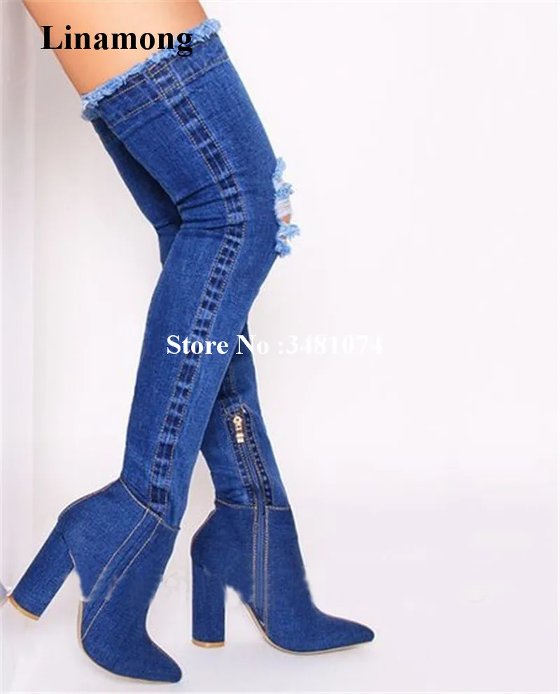 Темно синие и светло голубые джинсовые Ботфорты высокие сапоги женские с острым