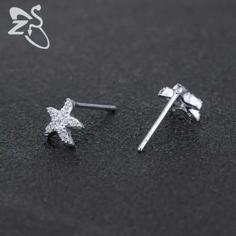 ZS Crystal Stud Earrings Fashion Jewelry Piercing Real 925 Sterling Silver Starfish AAA Cubic Zirconia Small Ear Pin | Украшения и