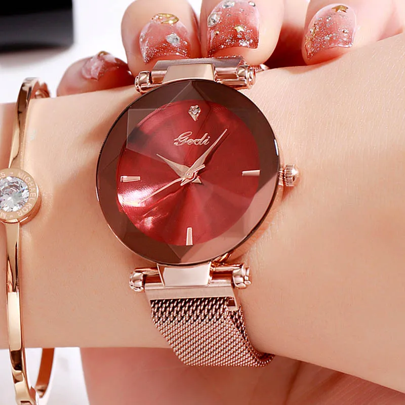 Rosegold red GEDI Магнитный сетчатый ремень женские наручные часы Элегантные кварцевые женские часы модные водонепроницаемые часы женские новые брендовые reloj mujer - Цвет: Rosegold red