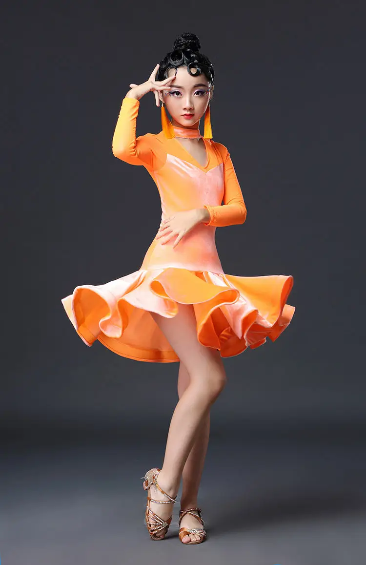 Orange Бальные платья, платье для девочек для танцев, Детские платья для латинских танцев, юбка для сальсы, танцевальная одежда для латинских танцев для девочек, Румба - Цвет: Orange