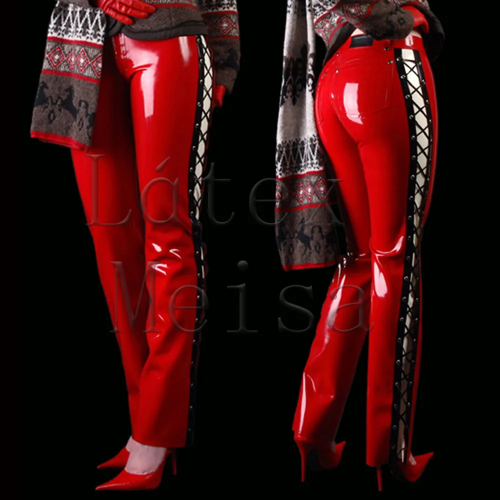 Lace-up decorations straight latex pants middle waist skinny latex trousers in red color for women