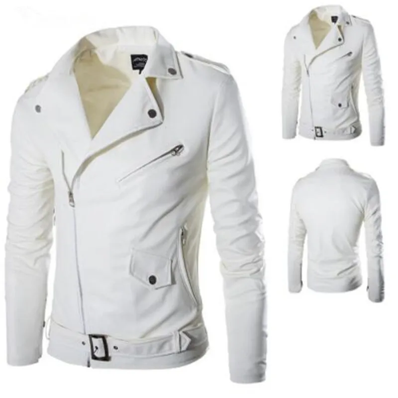 

2018 Foreign Trade New Fashion Men's Slim Diagonal Zipper Male Leather Motorcycle Jacket Men White Leather Jacket Causal Outwear