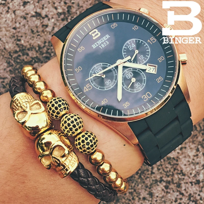 Genuine Brand Luxury BINGER Men watch Stainless Steel Sapphire Luminous male Gold Quartz Hunter Calendar Stopwatch waterproof