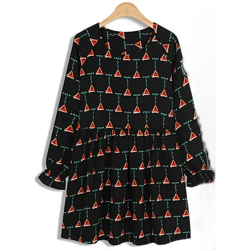 Женское шифоновое платье-трапеция с круглым вырезом рукавами-фонариками и