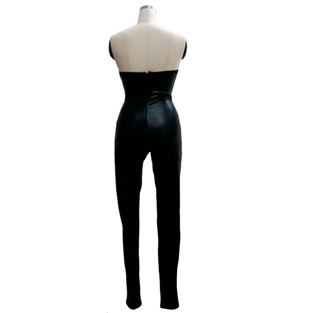 

Black Faux Leather Jumpsuit Women Bodycon Tight One Piece Strapless Jumpsuit Back Zipper Party Sexy Bodysuit Catsuit Clubwear