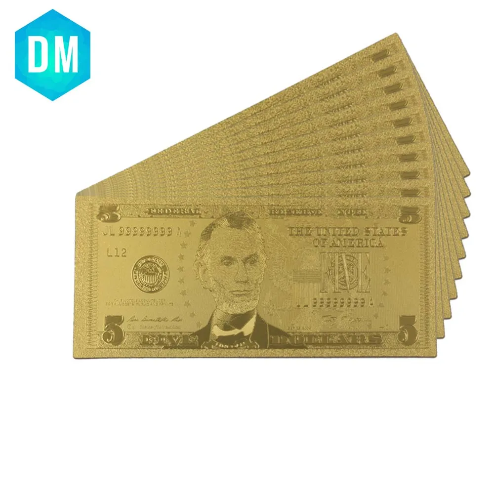 

5 Dollar American 24k Gold Banknote Festival Souvenir Gifts 999.9 Gold Foil Usd 5 Normal Money Art Ornament Collections