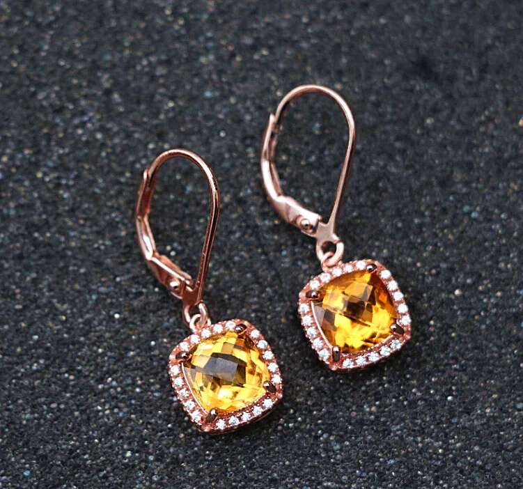 Женские серьги крючки из серебра 925 пробы с цитрином желтым кристаллом|earrings