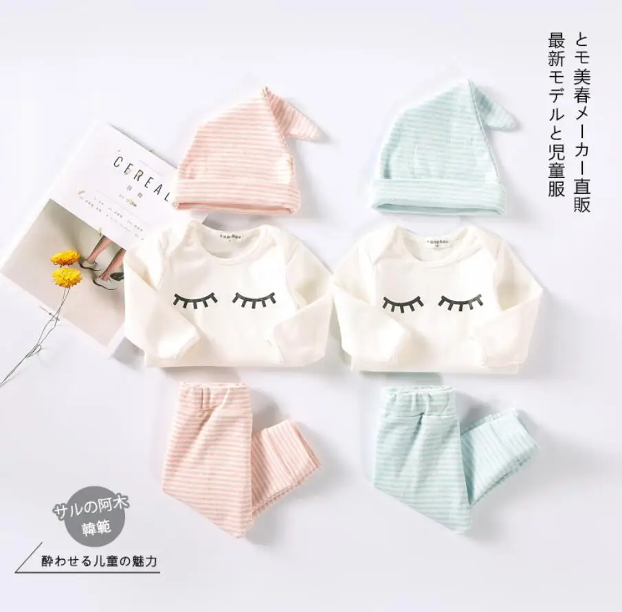 3 шт./компл. Топы + штаны шапка в полоску с ресницами для маленьких девочек и