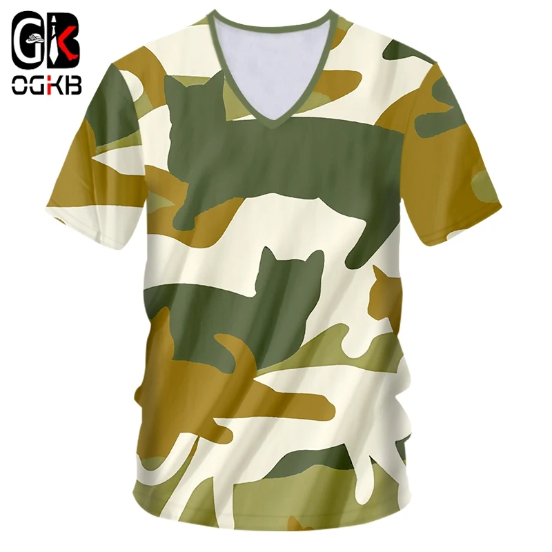 

OGKB Tshirt Deep V Neck Large size leisure 3D T Shirts Print Camouflage cat Hip Hop Big Size Habiliment Man Tee Shirt