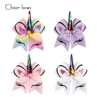 7 large sequin horse horn cheer bows glitter print flower hair bow with elastic hair bands for children girls hair accessories