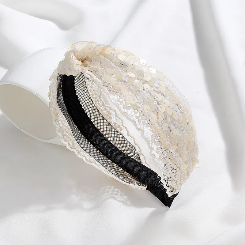 

CHIMERA Sequin Headband for Women Lady Wide Lace Hair Hoop Accessories White Beige Solid Boho Hairband For Wedding Party Beach