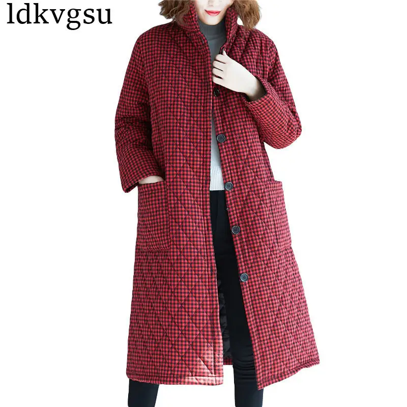 red wine Новинка, модные толстые клетчатые хлопковые куртки, осенне-зимние пальто, большие размеры, женские длинные теплые парки с длинным рукавом V142 - Цвет: red wine