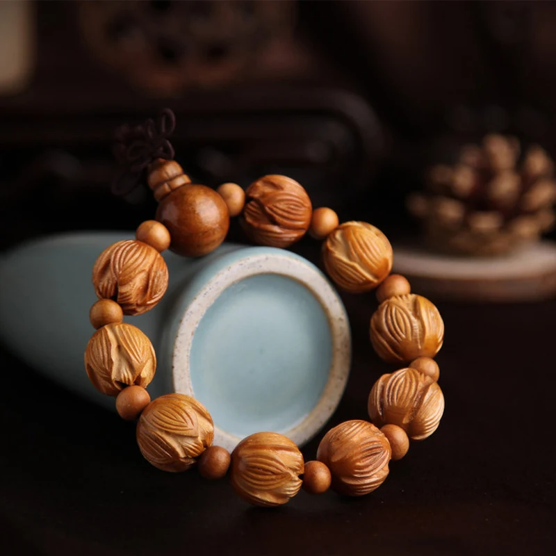 Браслет 12 дюймов из красного дерева с резьбой в виде лотоса|bracelet natural|natural