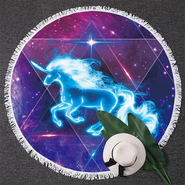 BlessLiving Galaxy Unicorn Round Beach Towel for Adult Psychedelic Space Large Picnic Mat Sparkly Tapestry With Tassel Blanket 2