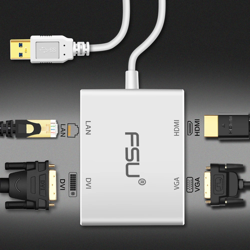 FSU 4 в 1 USB 3 0 к HDMI VGA DVI концентратор адаптер 10/100 гигабит Ethernet Lan кабель для ноутбука| |