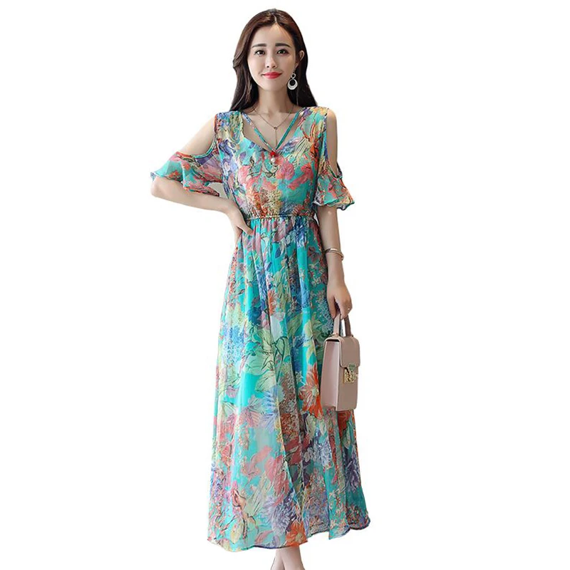 2019 летние Для женщин шифон Boho пляжное платье женский тонкий с открытыми плечами