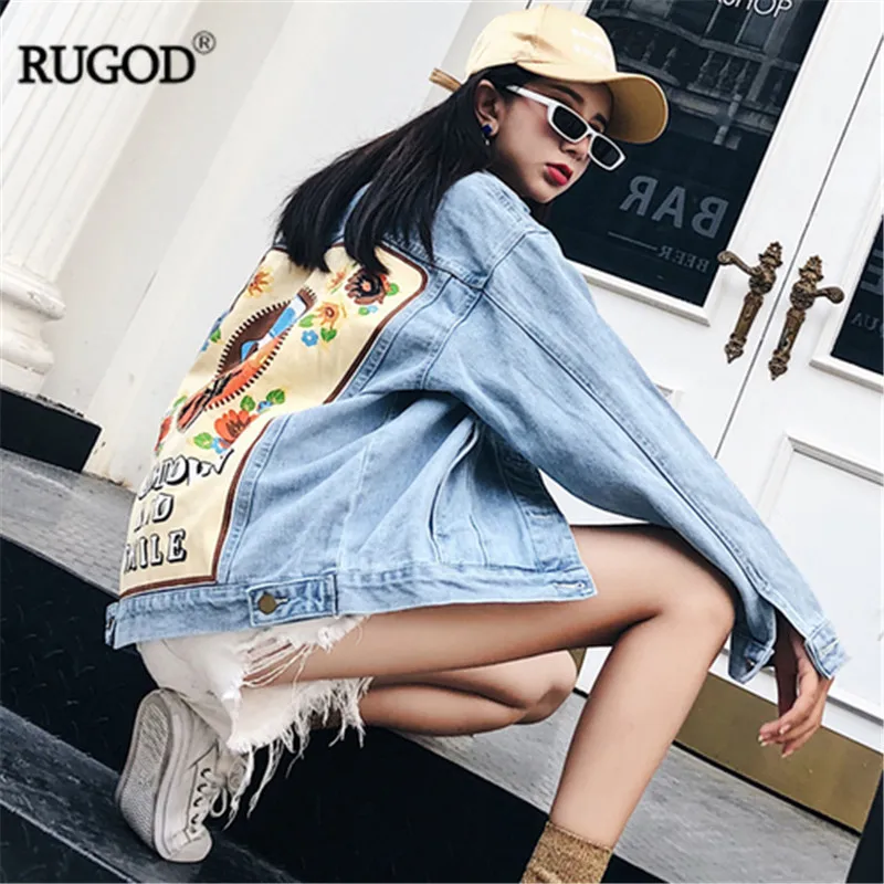 RUGOD 2019 осенне зимняя модная Свободная джинсовая куртка с принтом женская