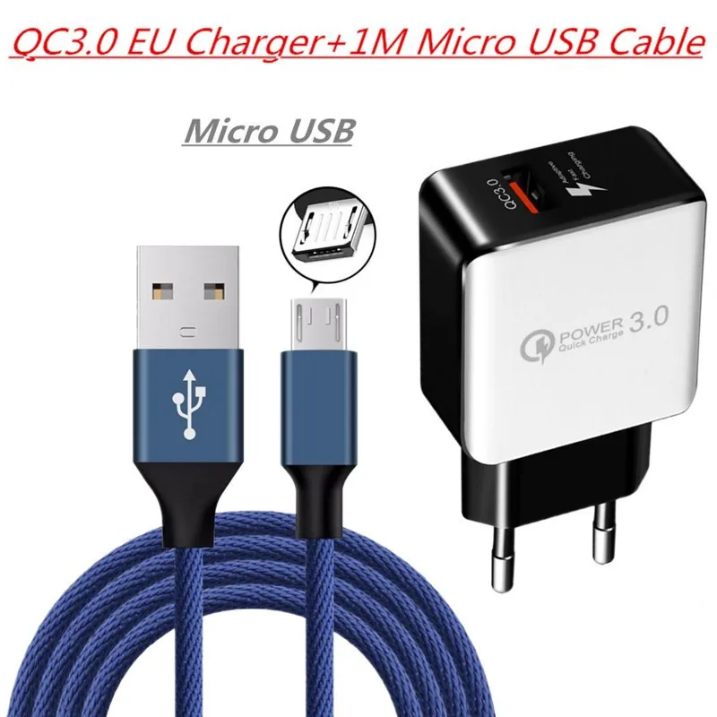 charger and cable Быстрое зарядное устройство QC 3,0, микро USB кабель для Xiaomi, samsung, huawei, honor 8C, 8X P, Smart, sony, microusb, быстрое зарядное устройство QC3.0 - Тип штекера: charger and cable