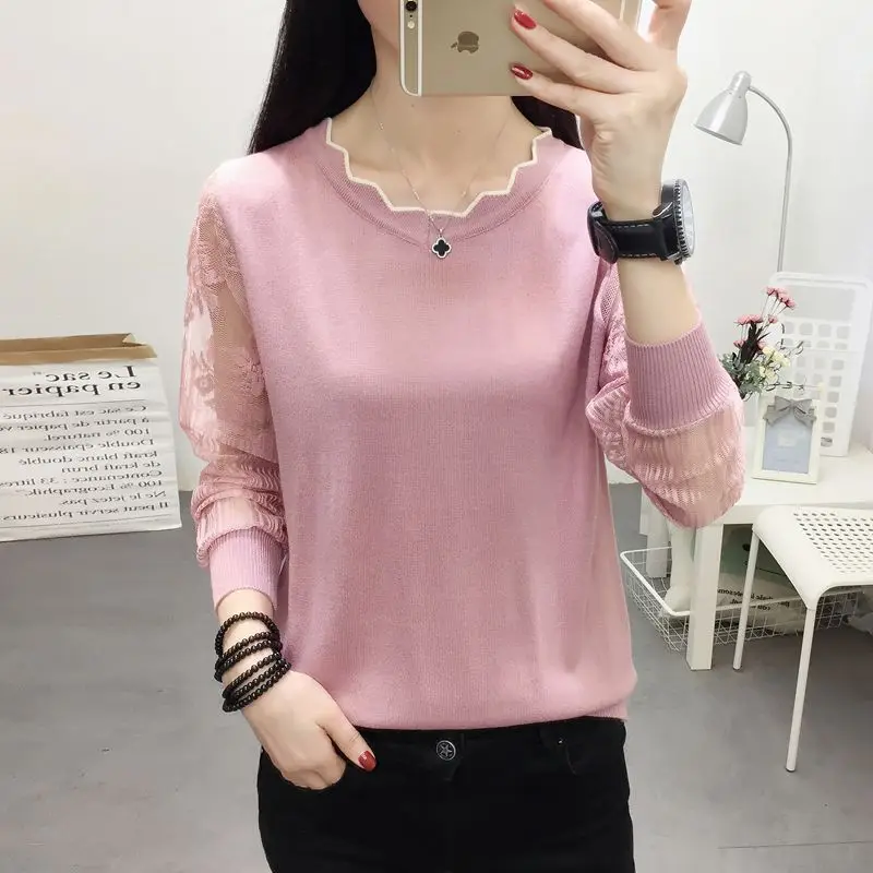 

OHCLOTHING 2021 New Lace Sweater female Bottom Blouse Long Sleeve Loose Spring New Thin Knitted Blouse Blouse Trend