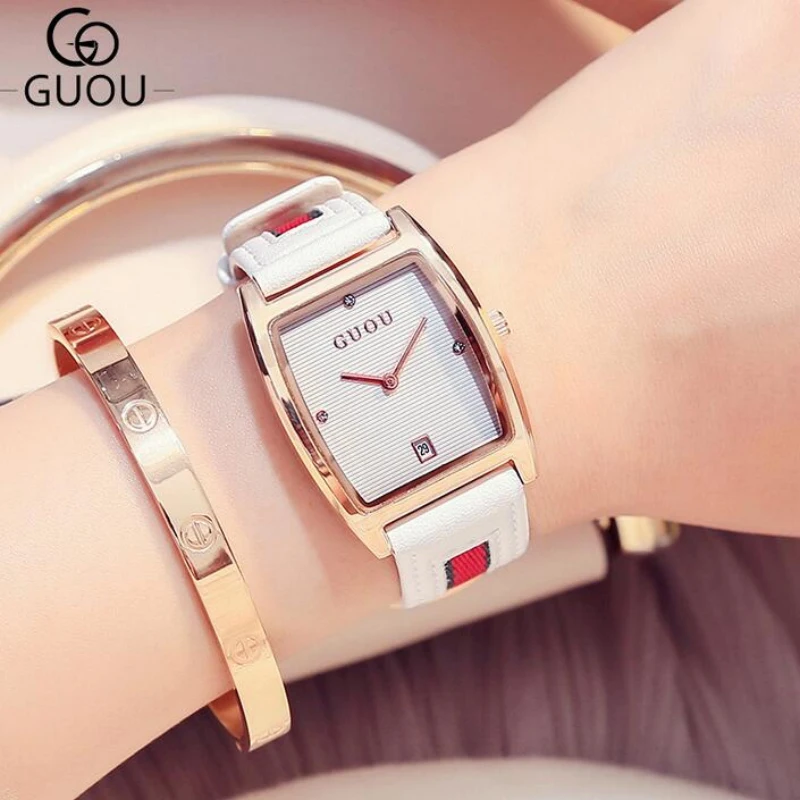 Guou Роскошные Брендовые Часы Модные женские часы кварцевые кожаные montre