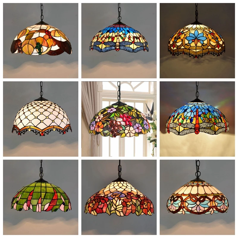 

Tiffany Baroque Stained Glass Suspended Luminaire E27 LED Iron Chain Pendant Light Lighting Lamp for Home Parlor Dining Room