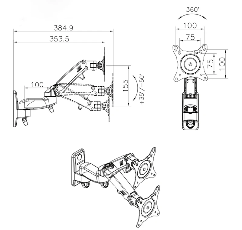 NB F150 алюминиевый сплав 360 градусов 1"-27" держатель для монитора газовый пружинный кронштейн светодиодный ЖК-телевизор настенное крепление загрузка 2-7 кг