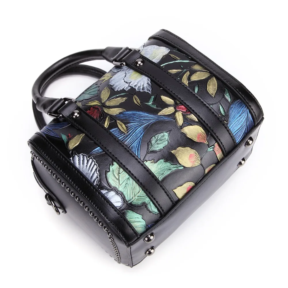 Женская сумка мессенджер из натуральной кожи с цветочным рисунком через плечо