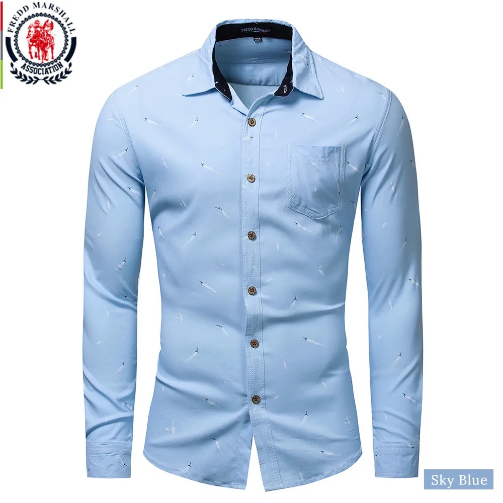 178 Sky Blue Fredd Marshall осень Новые повседневные мужские деловые костюмы с длинными рукавами, рубашка с принтом, роскошные Брендовые мужские рубашки 178 - Цвет: 178 Sky Blue