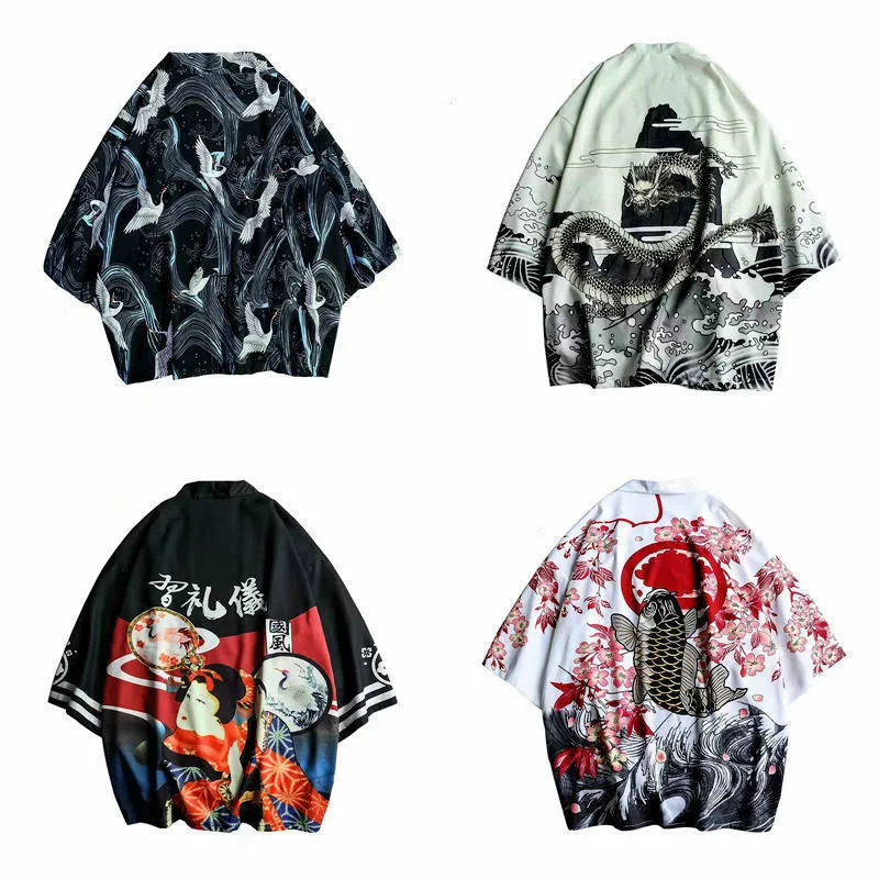Лето 2019 г. мужское кимоно рубашка плюс размеры японское кардиган вышивка крестом