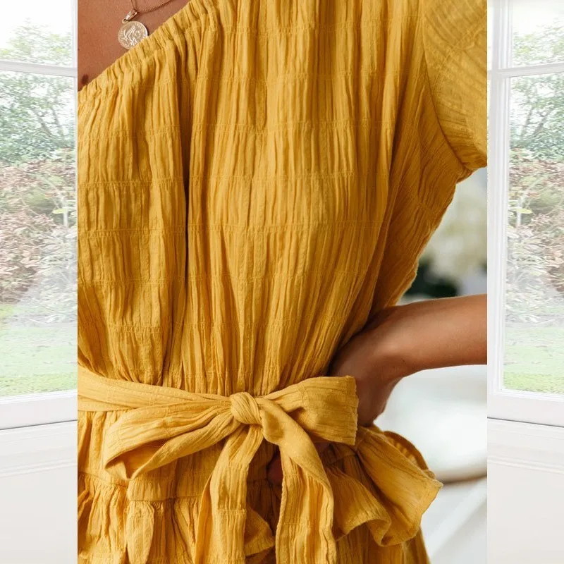 CHICEVER летнее повседневное однотонное желтое платье с открытыми плечами