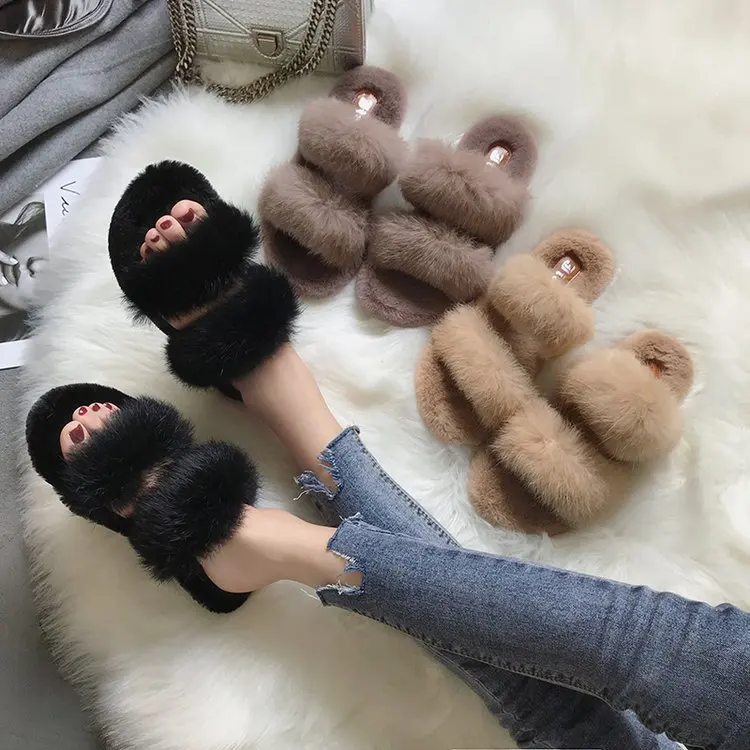 Сланцы женские с пушистым мехом модные на плоской подошве Повседневная