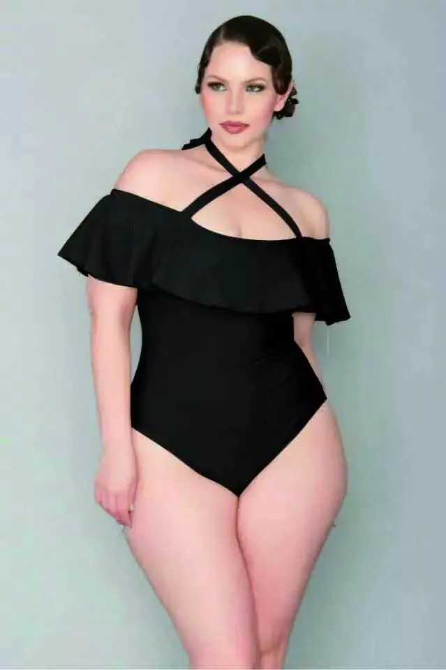 Винтажный плюс размер XL-4XL черный бархатный цельный купальник для полных женщин с оборками с плеча цельный купальный костюм для женщин