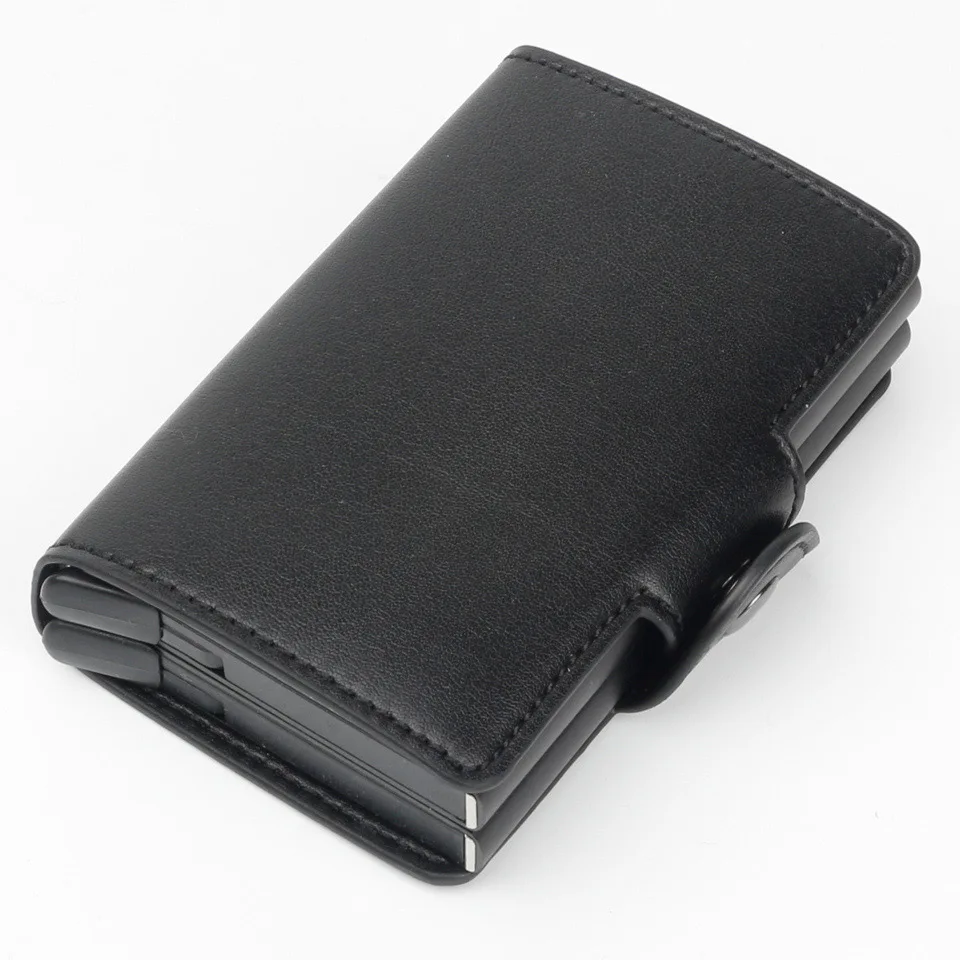 black Для мужчин или Для женщин RFID кредитной держатель для карт из искусственной кожи тонкий кошелек двойной коробка Алюминий визитница маленький антимагнитных кошелек мода - Цвет: black
