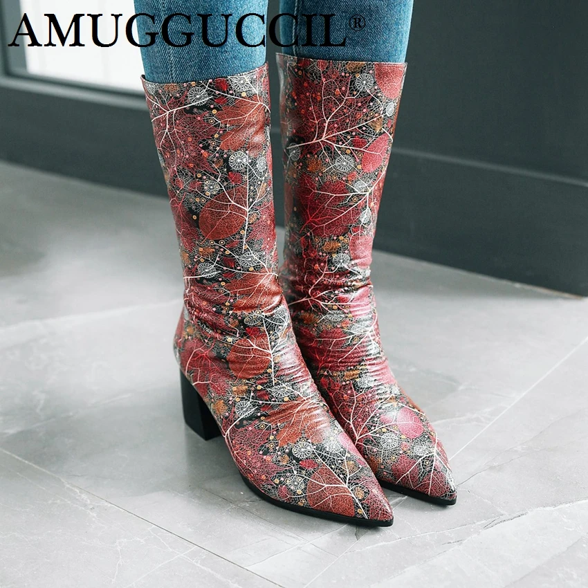 Женские сапоги на молнии черные красные розовые до середины икры высоком каблуке