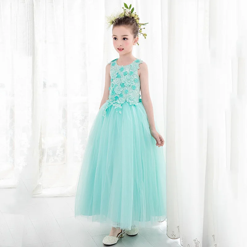 Милое кружевное длинное платье с цветами Аква для девочек на свадьбу платья