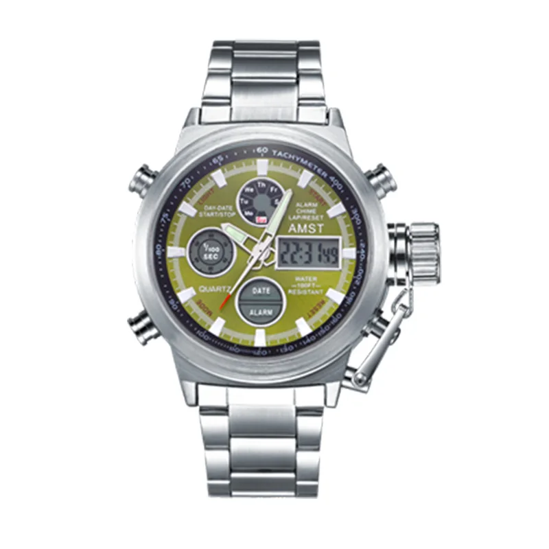 Green S Люксовый бренд AMST мужские наручные часы Мужские Цифровые кварцевые спортивные часы с двойным дисплеем мужские водонепроницаемые часы Новинка - Цвет: Green S