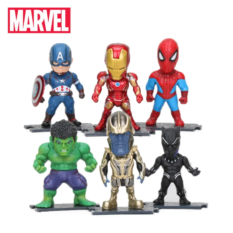 Игрушки Marvel, экшен-фигурки из ПВХ, герои фильма «Мстители: Война бесконечности» — Танос, Железный человек, Человек-паук, Капитан Америка, Халк, Чёрная пантера, 8–10 см, 6 шт./набор