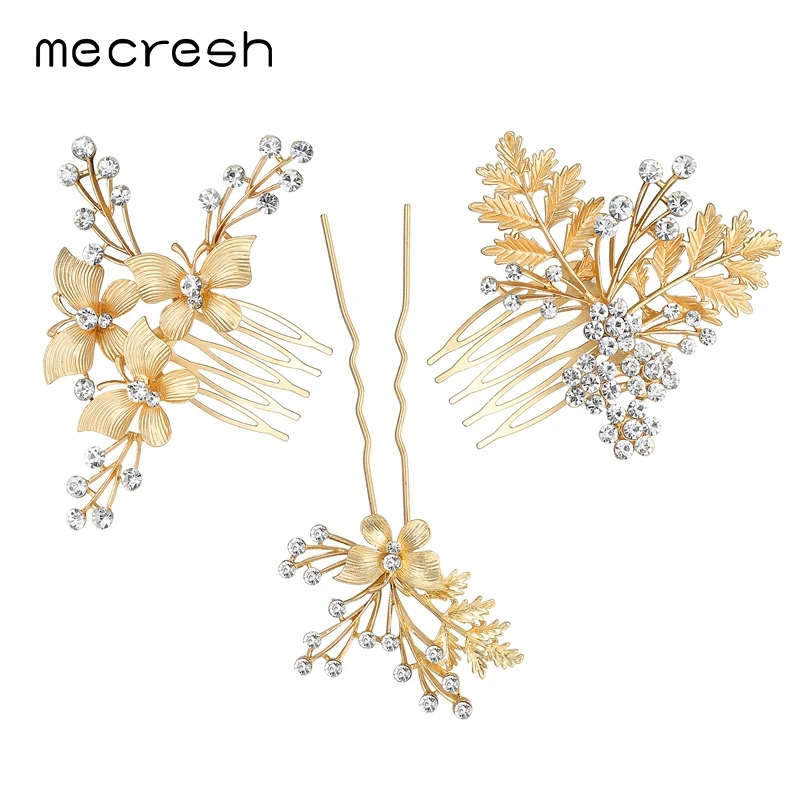 Mecresh 3 шт./компл. золотистая бабочка с листьями свадебные гребни Хрустальный