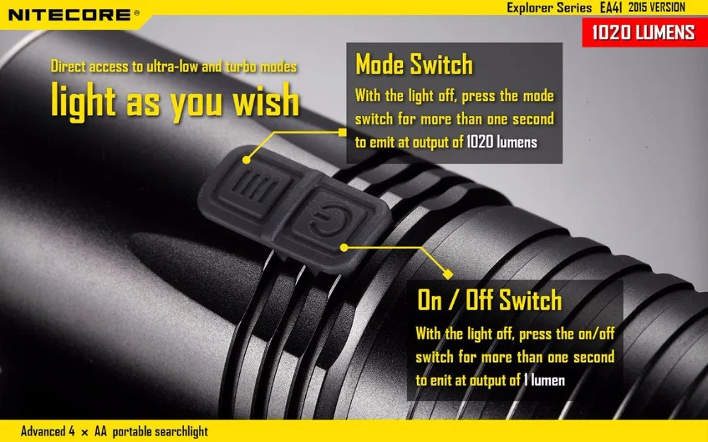 NITECORE EA41 Открытый фонарик CREE XM-L2 U2 max 1020 люмен ручной фонарь дальность луча 335 м AA батарея факел