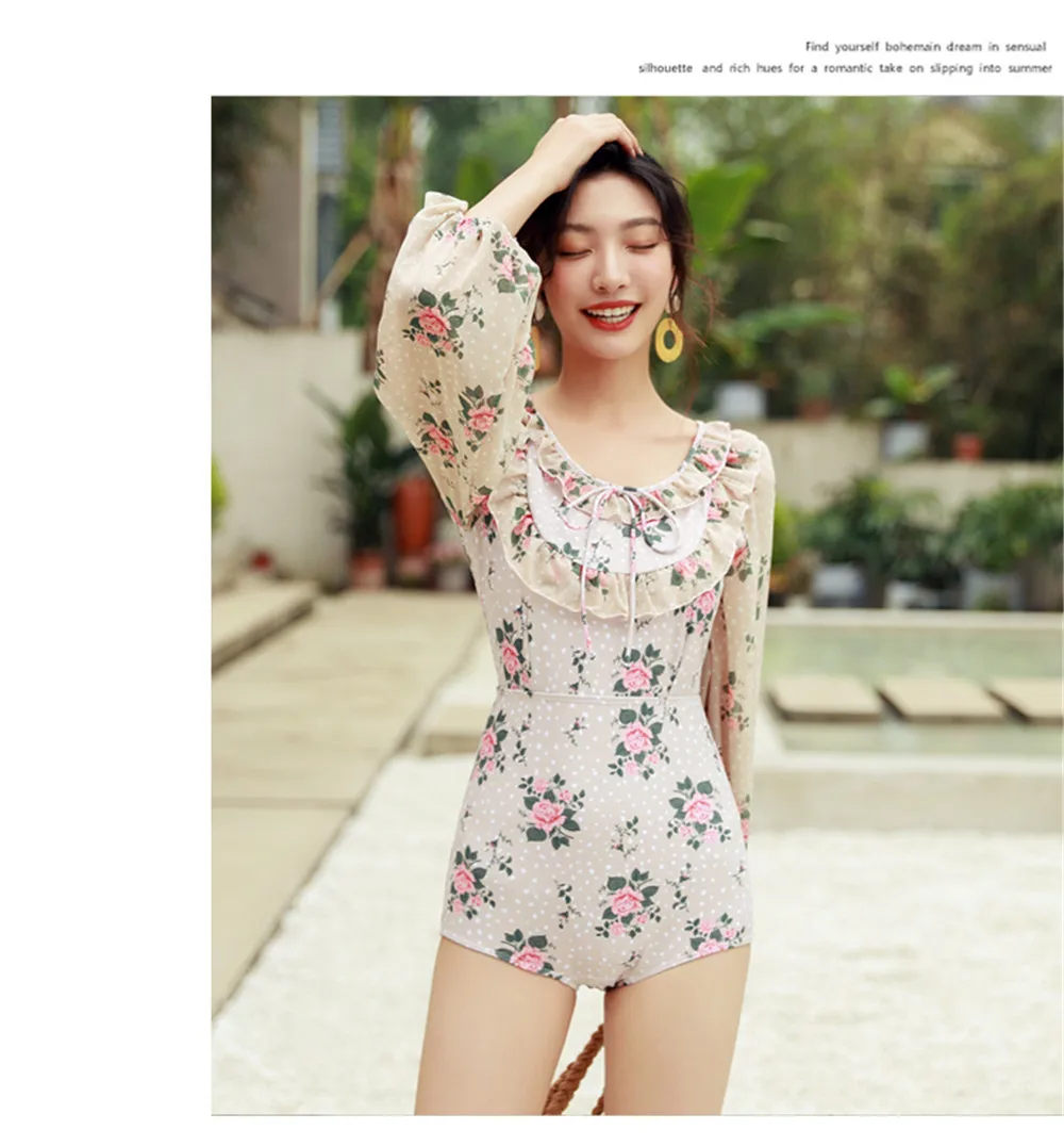 Long Sleeve One Piece Swimsuit Women Floral Swimwear Chiffon Monokini Push Up Swim Suit Ruffle Trikini Pad Bath Suit Backless