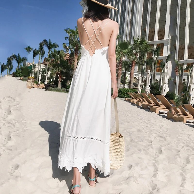 Женское пляжное платье большого размера белое кружевное с вышивкой v образным