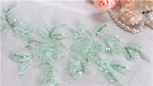 5mint green Розовое золото, бисероплетение, Свадебное кружево, аппликация, ручная вышивка, французское кружево, стикер, вышивка, цветочный мотив, с блестками, один предмет - Цвет: 5mint green