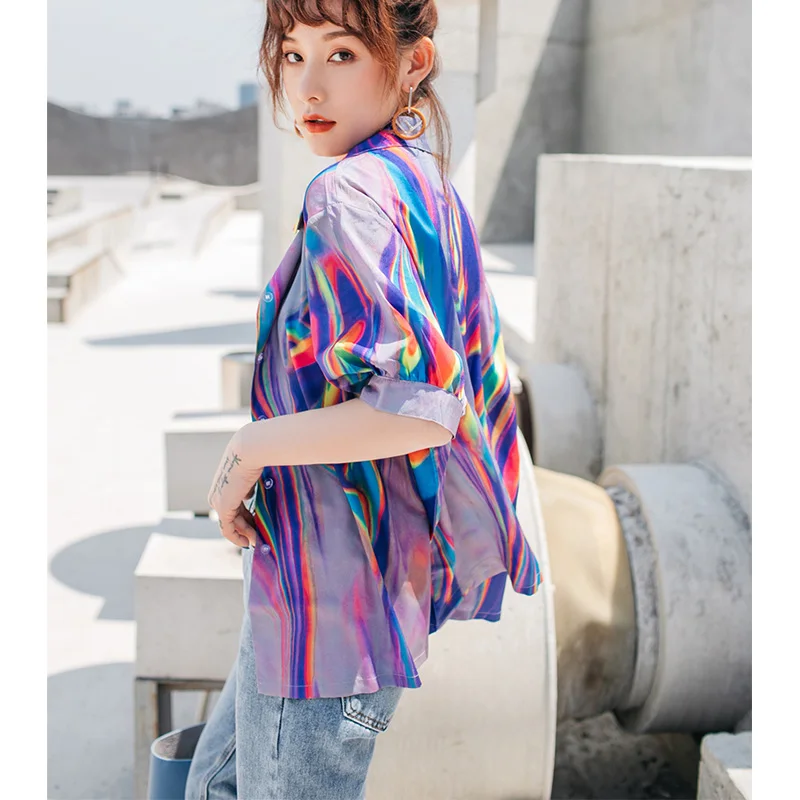 Женская блузка с голографическим принтом Cheerart цветная рубашка коротким рукавом