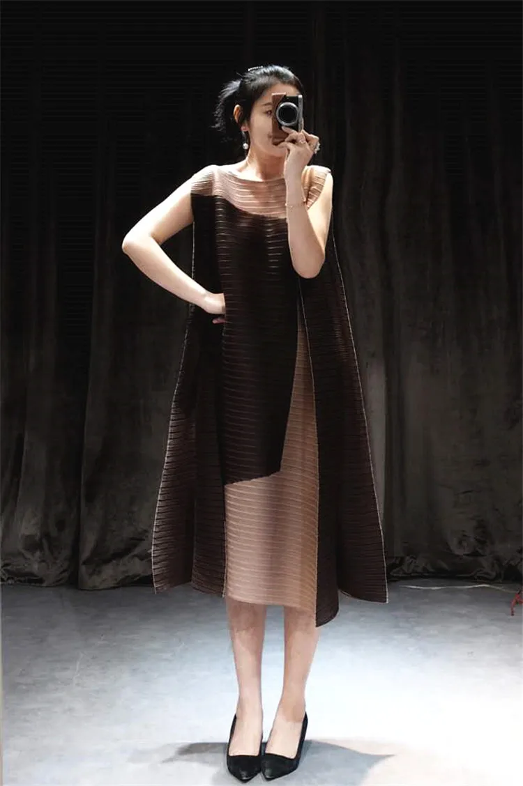 Miyake Fold/Новинка года; летнее платье высокого качества; шифоновое платье без рукавов со складками; платья больших размеров;