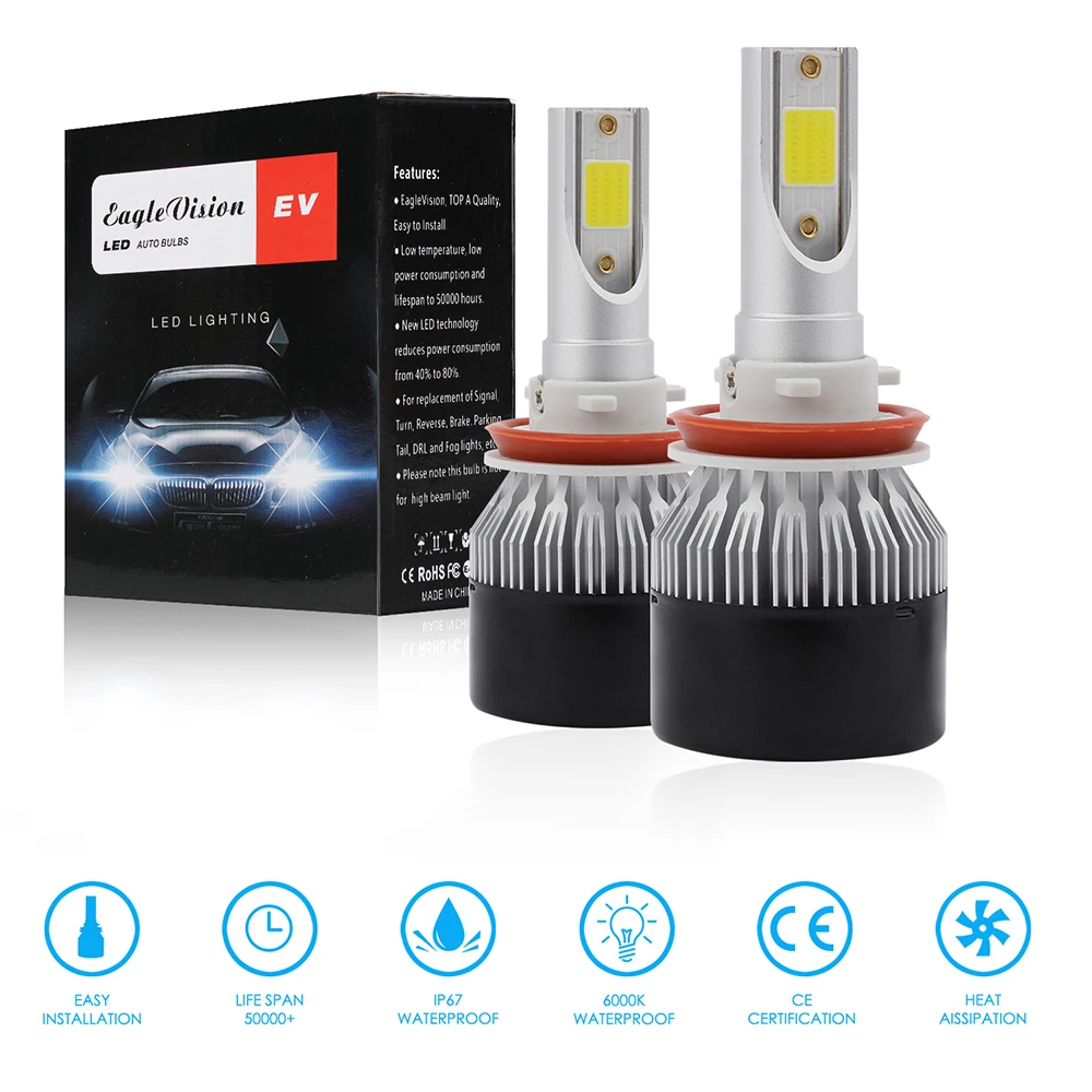 2X80 Вт EV9 H11 LED H7 H1 9005 9006 Автомобильные фары лампы 12000lm 6000K светодиодные DC12v 24v