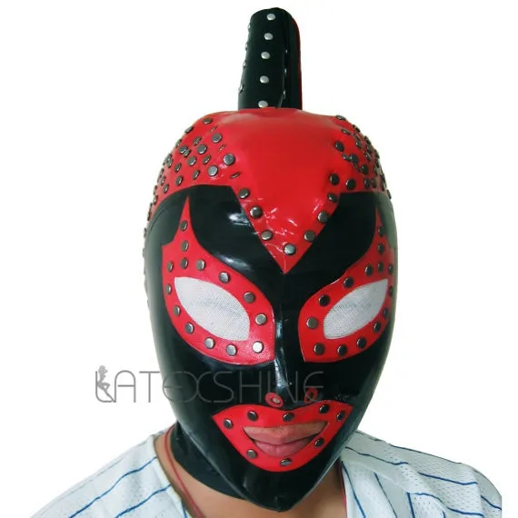Маска с капюшоном из латекса черного и красного цвета Женская Ручная работа