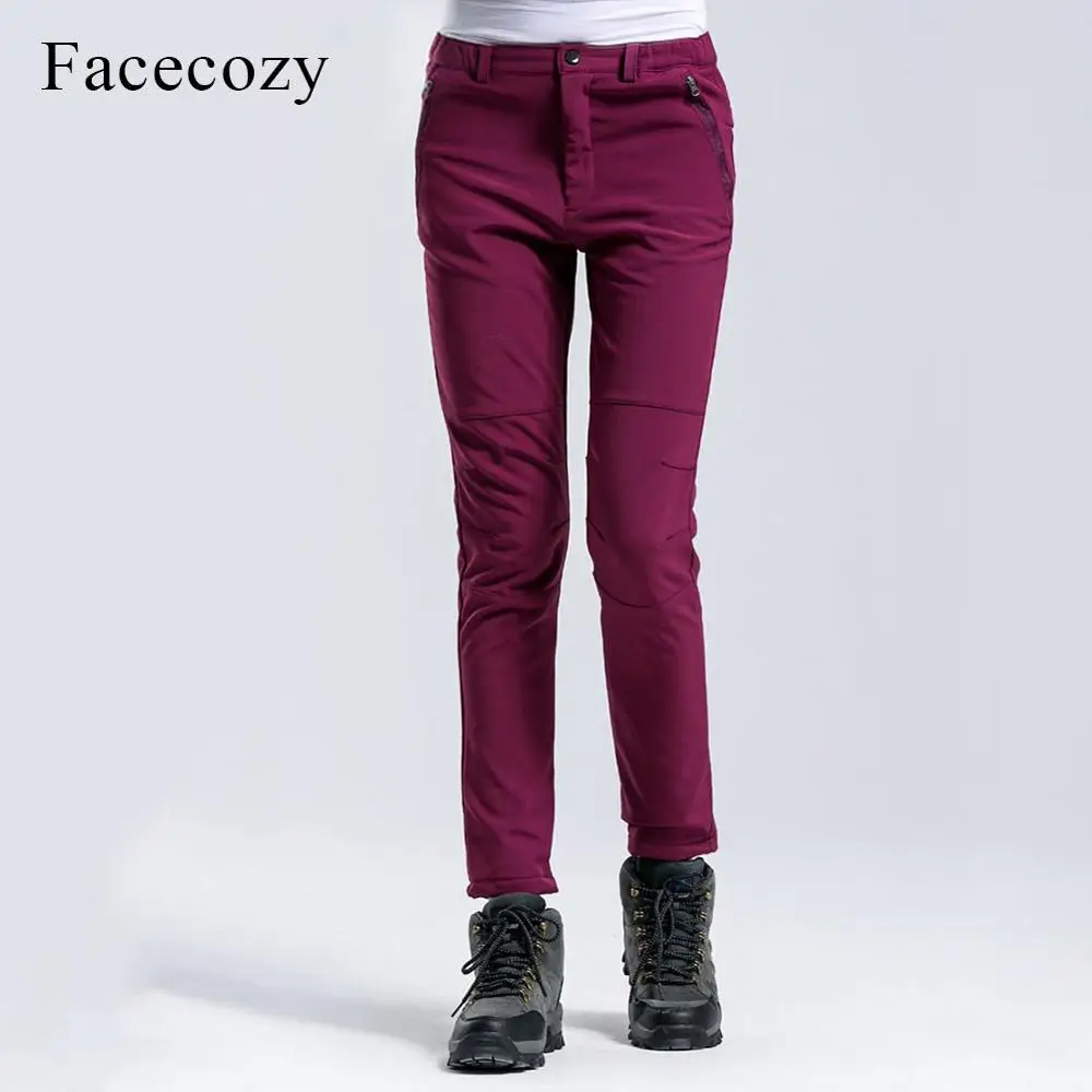 Facecozy, женские зимние утепленные уличные Походные штаны, облегающие ветрозащитные теплые флисовые брюки Софтшелл для кемпинга, лыжного туризма - Цвет: Purple Red Pants