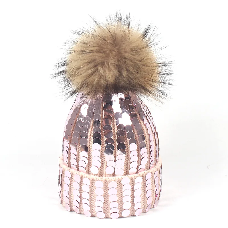 2018 Зимняя мода блёстки вязаная шапка помпоном шапочки для женщин натуральный мех